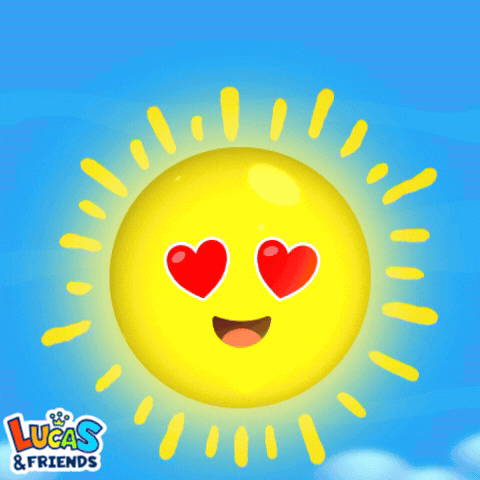 Cartoon gif. The face of a yellow sun switches from having two heart eyes a wide grin to a face that winks at us cutely and has rosy cheeks. Text written across the blue sky reads, "Buongiorno."