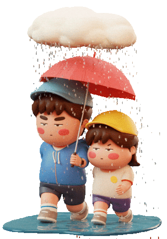 Sticker gif. A solemn man and woman walk through a puddle as a white cloud pours rain over their pink umbrella against a transparent background.