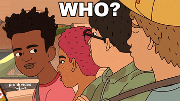 Cartoon gif. The animated cast of Amazon Prime series Fairfax ride in a car. Text, "Who?"