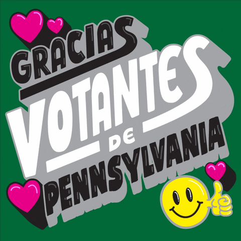 Digital art gif. Black and white 3D bubble letters with pewter gray shadowing bob in and out on a grass green background, surrounded by hot pink hearts and a smiley face giving a thumbs up. Text, "Gracias votantes de Pennsylvania."