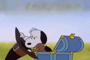 Peanuts gif. Standing in front of a blue chest, an angry Snoopy from A Charlie Brown Thanksgiving digs inside a Pilgrim hat and pulls out Woodstock dressed as a pilgrim by the neck, giving him a seething stare.