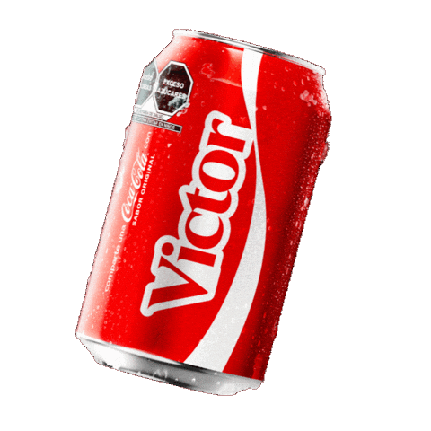 Sponsored gif. A red can of Coca-Cola with the name "Victor" slides in from the left, pauses, and slides to the right offscreen.