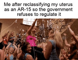 Movie gif. Crowd of women raise Reese Witherspoon as Elle in Legally Blonde on their shoulders and cheer as confetti and silly string fall around them. Caption, “Me after reclassifying my uterus as an AR-15 so the government refuses to regulate it.