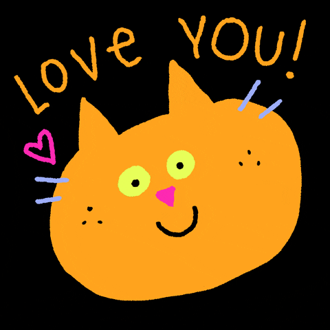 Cartoon gif. An orange cartoon cat closes his eyes and spreads his mouth in a wide grin. Text, "Love you!"