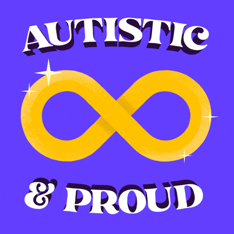 Digital art gif. White script text reads "Autistic and proud" around a giant yellow infinity sign, all against a purple background.