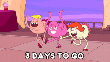 Cartoon gif. Three long-limbed characters look concerned as they bend forward and dance wildly. Text, "Three days to go." 