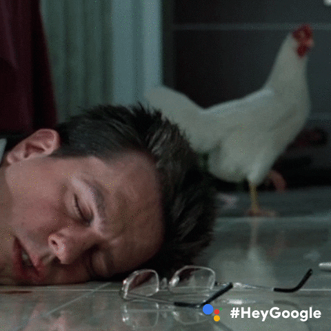 Movie gif. Ed Helms as Stu in The Hangover. He lays facedown on the floor and his glasses are laying next to him. A chicken in the back walks by as he blinks himself awake.