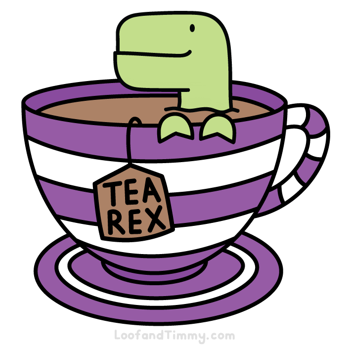 Kawaii gif. Timmy from Loof and Timmy sits smiling in a large striped cup of tea. A tea bag label reads "Tea Rex".
