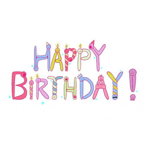 Text gif. Colorful balloon letters with smiling heads and a few with candles burn cheerfully. Text, "Happy Birthday"