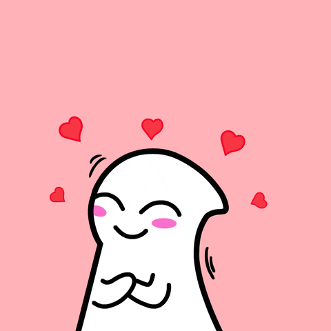 Kawaii gif. A white ghost-like cartoon is in front of a pink background. They exude love and happiness, as red hearts radiate from their being. 