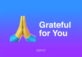 Digital art gif. A 3D rendering of the prayer hands emoji, tilting forward in thanks against a blue and purple gradient background. Text, "Grateful for You."