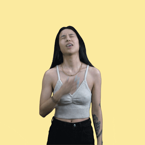Video gif. Woman tosses her head back and crosses her arms over her chest as she shudders with laughter. Text on a buttercream background, "Ha, Ha, Ha."