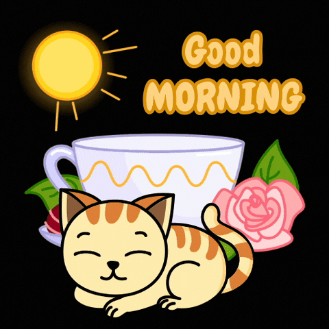 Digital art gif. A cat sits in front of a cup of tea and a bouquet of roses. The sun shines down on the cat and the text reads, "Good morning."