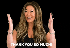 Video gif. A woman emphatically gestures toward us while saying, "Thank you so much!"