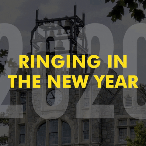 Text gif. Image of a university building, overlaid with the year 2020 in transparent lettering, beneath yellow block text that reads "Ringing in the new year"; blue fireworks spray in from the left and right sides.