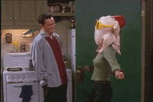 Friends gif. Matthew Perry as Chandler laughs while Courteney Cox as Monica dances in the kitchen, wearing a raw turkey over her head with a hat and sunglasses.