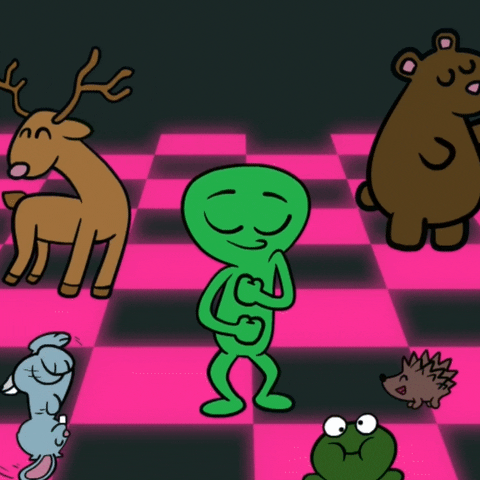 Illustrated gif. A reindeer, bear, porcupine, frog, rabbit, and green alien, collectively known as VeeFriends, dance on a glowing, pink-checkered dance floor.