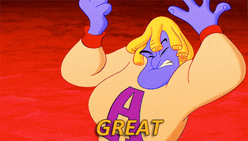Cartoon gif. The Genie from Aladdin dressed as a cheerleader and suddenly lurching forward with red eyes and a menacing smile, saying, "Great!"