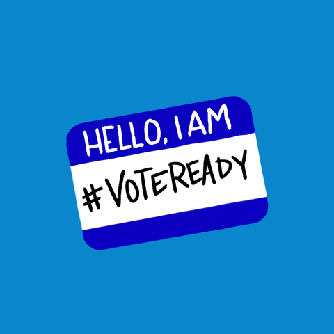 Digital art gif. Blue and white name tag sticker against a light blue background. The name tag reads, “Hello, I am #VoteReady.”