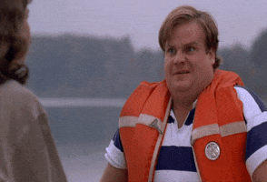 Movie gif. Chris Farley as Tommy in Tommy Boy. He's standing in front of a lake and wears a life vest. He looks gleeful and mischievous as he says, "That was awesome!"