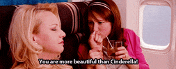 Movie gif. Sitting on a plane, Ellie Kemper as Becca holds a cocktail and the wrist of Wendi McLendon-Covey as Rita from Bridesmaids, telling her with fierce sincerity, "you are more beautiful than Cinderella!"