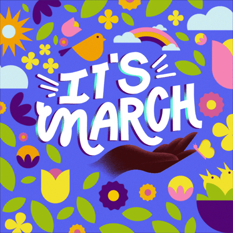 Illustrated gif. Spinning flowers, bobbing birds, and a fluttering butterfly scatter among a rainbow and clouds on a periwinkle background. Text, "It's March."