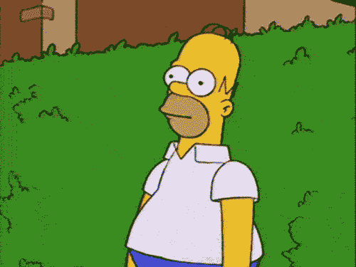 The Simpsons gif Homer is frozen standing very still with a blank expression on his face He slowly slides himself backwards into a bush to disappear and hide
