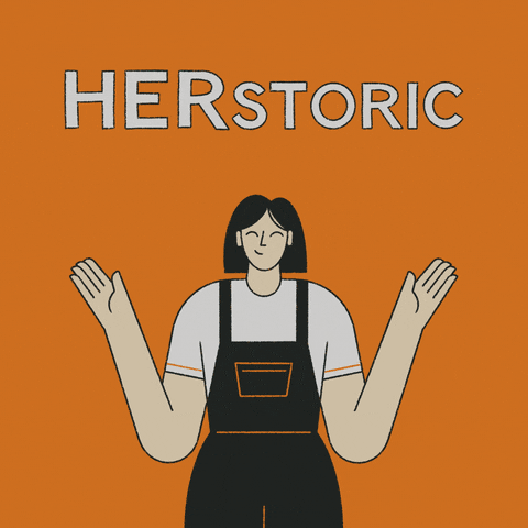 Text gif. Illustrated woman standing beneath the text "herstory" raises her arms, which transforms the text to "energy rebates," a light bulb shining bright over her head, cash raining from the sky against an orange background.