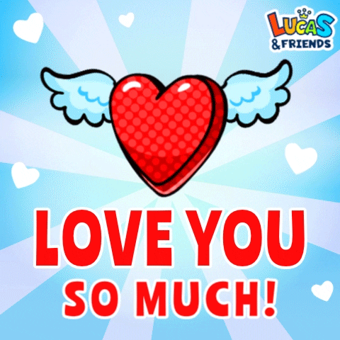 Digital illustration gif. Text reads, "Love you so much! Small white hearts surround a large animated heart with wings bouncing up and down like it's flying.