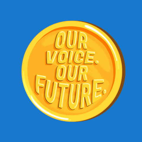 Digital art gif. Gleaming gold coin turns on its side against a light blue background. On one side, it says “Our voice. Our future.” The other side reads “XIX” which represents the 19th Amendment.