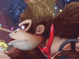 Video game gif. Donkey Kong grips a steering wheel while reaching over to the side, then slowly sits up looking surprised.