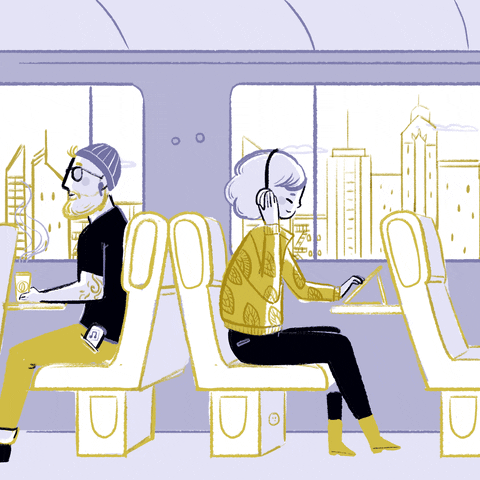 An animated gif illustration of two people sitting back to back on a commuter train. A man with a beard and a toque holding a coffee and a woman with headphones working on a laptop.
