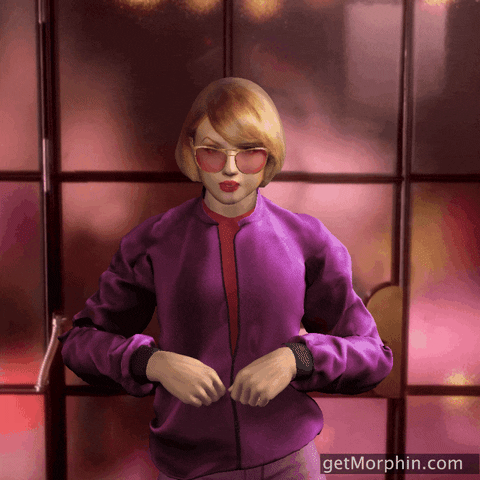 Digital art gif. Animated Taylor Swift wearing pink sunglasses and a pink jacket sways her hip and tosses confetti around her. 