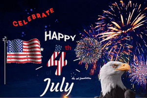 Digital illustration gif. Red, white, blue, and gold fireworks light up the night sky behind an American flag waving in the breeze and a proud-looking eagle looking right then left. Text, Celebrate. Happy July 4th of July."