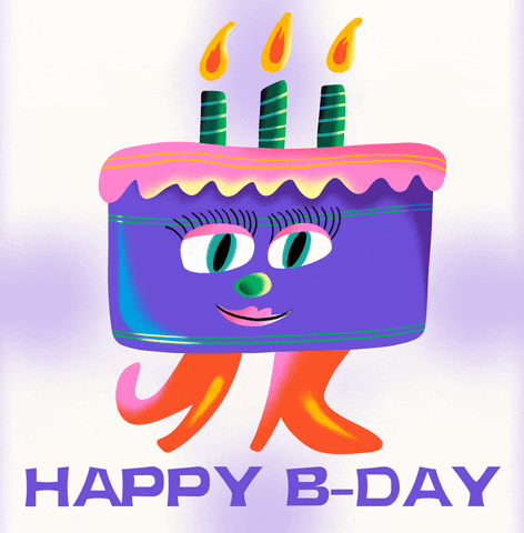 Digital illustration gif. Purple birthday cake with a face and orange boots dances back and forth with three lit candles on top. Text, "Happy B-Day."