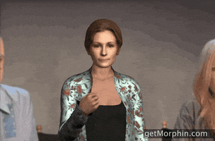 Cartoon gif. Julia Roberts looks at us with a neutral expression on her face. She tosses golden confetti up into the air. 