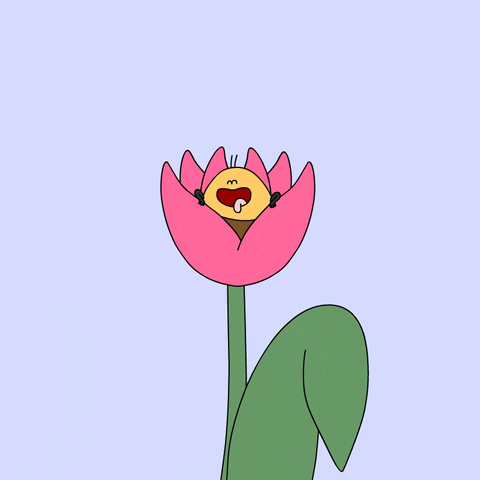 Digital art gif. A bee bounces up and down inside a flower with pink petals as its tongue hangs out of its mouth. 