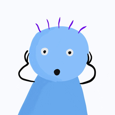 Illustrated gif. A light blue character with its hands on the side of its head, its eyes and mouth and purple hair widening and shrinking in surprise.