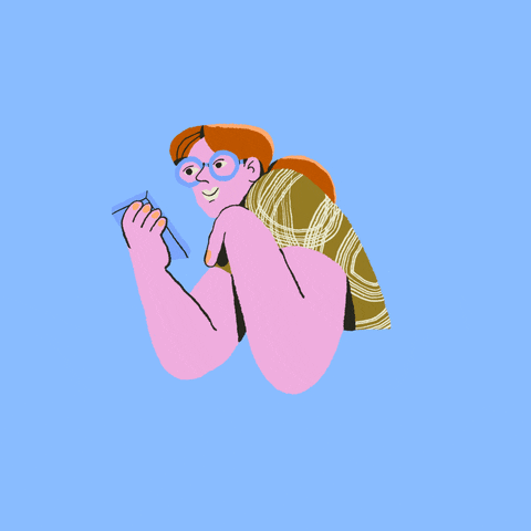 Digital art gif. Woman reading something on her phone squints at the screen, apprehensively reading something against a light blue background. She sets the phone down to take a break. Text, “Pause before you share.”
