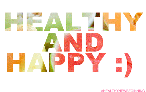 Healthy and Happy words with rotating healthy foods behind text gif