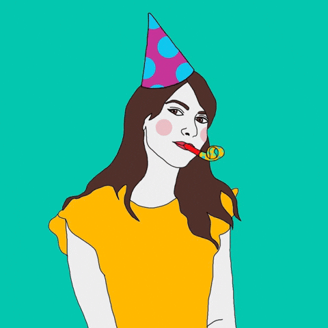 Illustrated gif. A woman wearing a party hat blows a paper party horn and hearts appear over her eyes