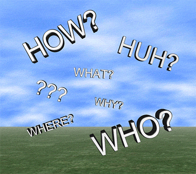 The words How? Huh? What? Why? Where? Who? animated