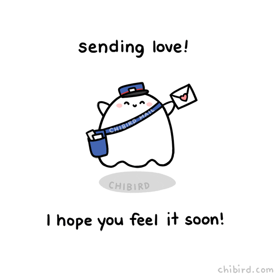 Cartoon gif. A Chibi ghost mail carrier waves an envelope with a heart seal and tosses it offscreen. Text, "Sending love! I hope you feel it soon!"