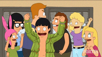 Cartoon gif. Louise Belcher and Gene Belcher cheer with their arms up in the air with a crowd of other students. Their sister Tina stands behind them, smiling.