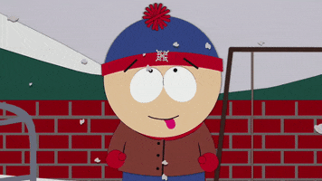 South Park gif. Stan Marsh is happily standing in the snow and sticks his tongue out to catch snowflakes on his tongue.