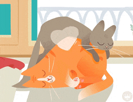 Digital illustration gif. Gray cat lays on top of the back of an orange cat curled up on its side on the floor as they both breathe in and out at the same time in a peaceful sleep.