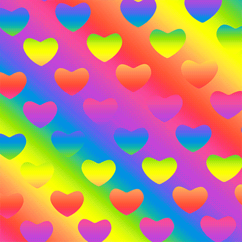 Digital art gif. Psychedelic alternating diagonal pattern of hearts filled with rainbow gradients which move in a line against a similar roving rainbow gradient.