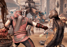 Video game gif. Liu Kang and D'vorah in Mortal Kombat 11, Lui Kang repeatedly punching D'vorah in the face with bursts of blue blood. Blue, white, and red animated trails follow Lui Kang’s movements for extra emphasis.