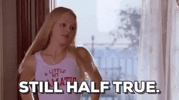 Movie gif. Rachel McAdams as Regina from Mean Girls is standing in a bedroom and she shrugs, unconcerned, and says, "Still half true."