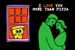 Digital art gif. In green, a man holds a woman in his arms, their foreheads resting together. Behind them, standing in a window is a sad pepperoni pizza, who is crying. Text, “I love you more than pizza.”